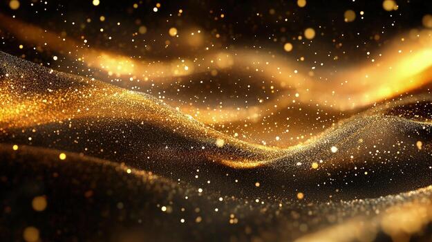 Sparkling gold particles create wavy shimmering effects on a dark background, displaying a radiant glow photo