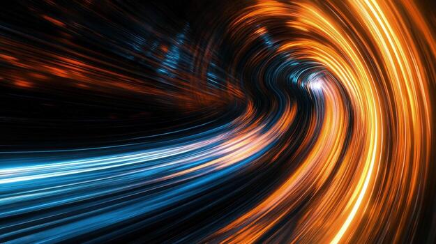 Dynamic blue and orange light streams create a powerful abstract flowing tunnel design photo