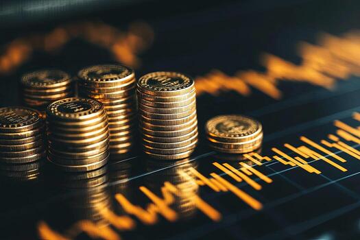 Stacks of shiny gold coins are visually displayed over a graph on dark background photo