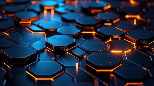 Dark hexagonal shapes create an abstract pattern with glowing orange edges and lines photo