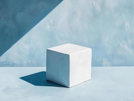 Glossy white cube stands in sunlight against a textured blue studio backdrop creating a serene setting photo