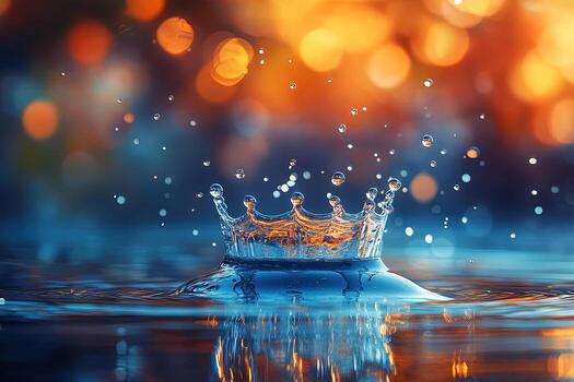Water crown splash creating dynamic shape with beautiful bokeh background showing movement and reflection photo