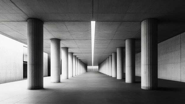 Long perspective view showcases minimalist concrete architecture with aligned columns and linear lighting feature photo