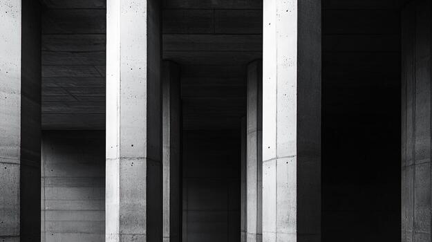 Concrete pillars create strong lines and dramatic shadows within an abstract brutalist architecture scene photo