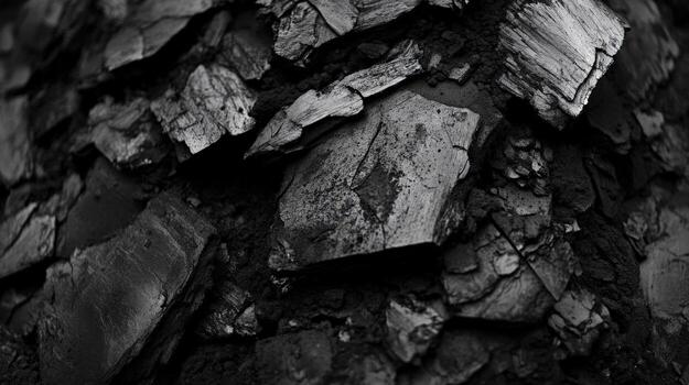 Detailed charcoal fragments display complex textures and irregular shapes within a monochrome color palette photo