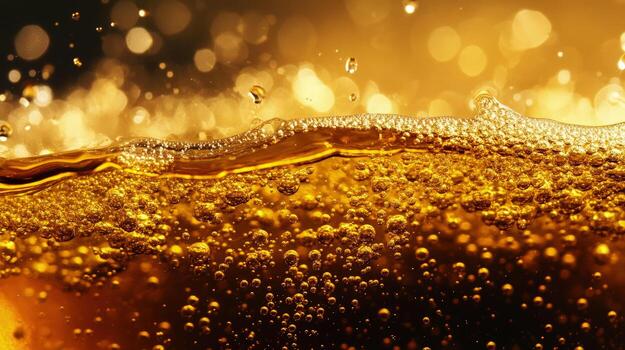Golden liquid with bubbles and sparkling bokeh fills the frame, showing movement and effervescence photo