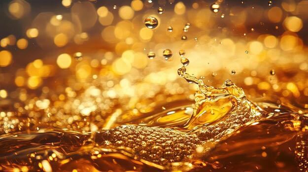 Golden fluid splashes, sparkling bokeh adorns background creating dynamic, luxurious abstract scene photo
