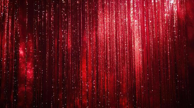 Shimmering red beaded curtains create a stagelike backdrop with dynamic lighting effect visible photo