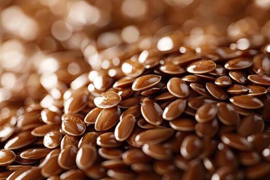 Glossy brown flax seeds are piled together with a bokeh background, creating a textured effect photo