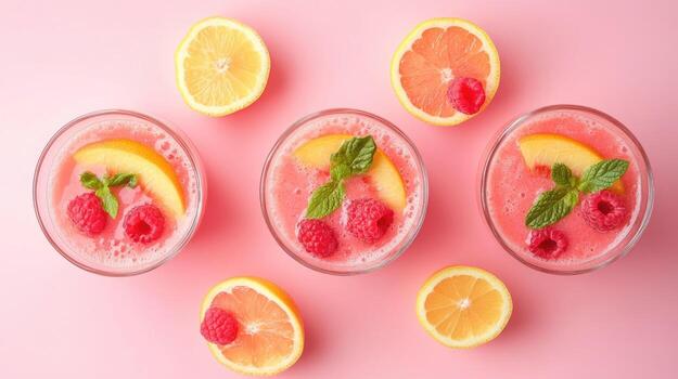 Pink raspberry smoothies with mint and lemon create a refreshing summer vibe, displayed overhead photo