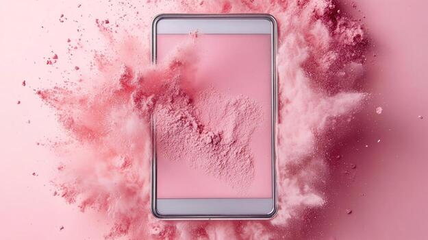 Pink powder explodes around a phone creating a dynamic and abstract burst of color photo