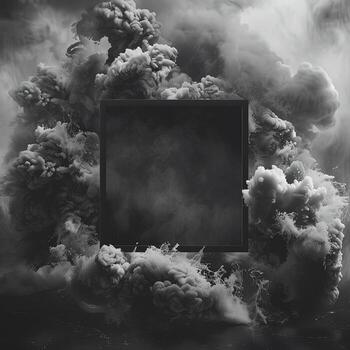 Monochrome frame is surrounded by abstract, billowing, and textured dark smoke clouds, resembling a liquid explosion photo