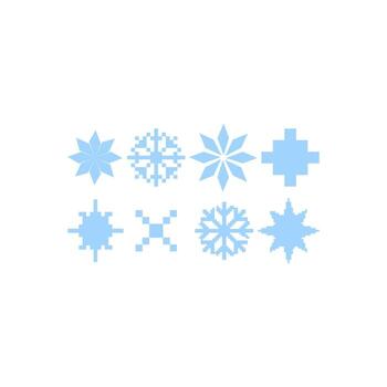Minimalist blue pixel snowflake set Retro 8bit game style Xmas icon isolated on white background vector