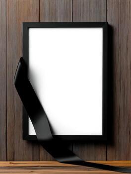 Blank funeral frame with black ribbon on rustic wood background in grayscale color scheme photo