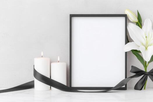 Elegant minimalistic funeral frame display with candles and lily flower in a respectful setting photo