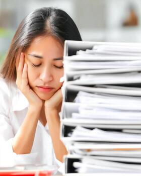 Woman displaying fatigue while handling multiple document folders in a cluttered workspace photo