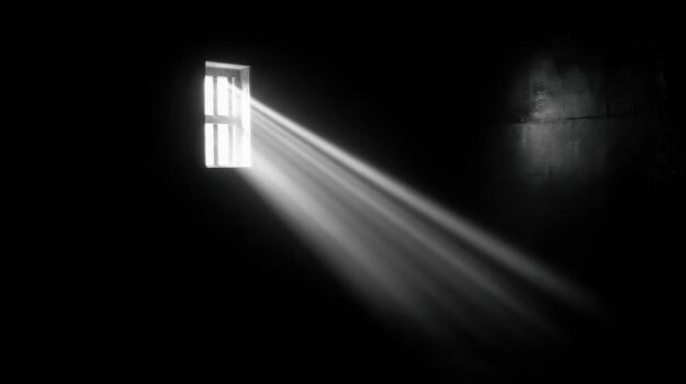 Light streams through a prison cell window illuminating the dark space in a haunting way photo