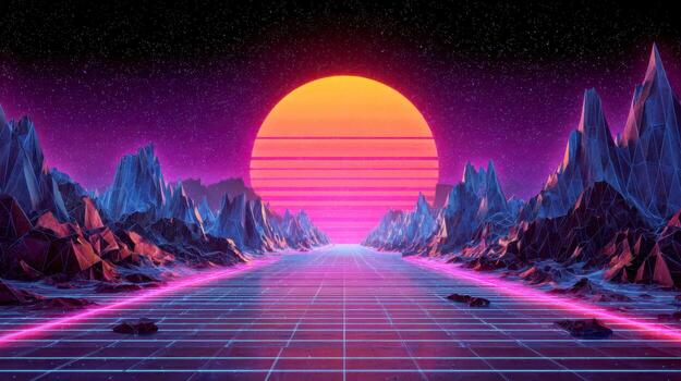Purple and blue retro landscape with a large sun in synthwave style at dusk photo