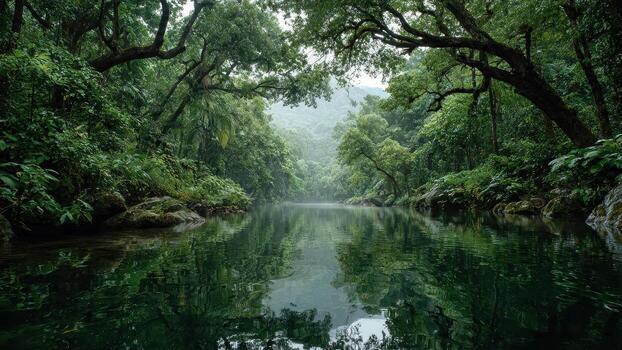 Calm misty river flows through lush green rainforest with dense foliage and ancient trees photo