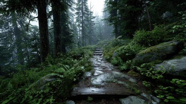Stone path ascending through a misty dense green forest with tall fir trees and ferns photo