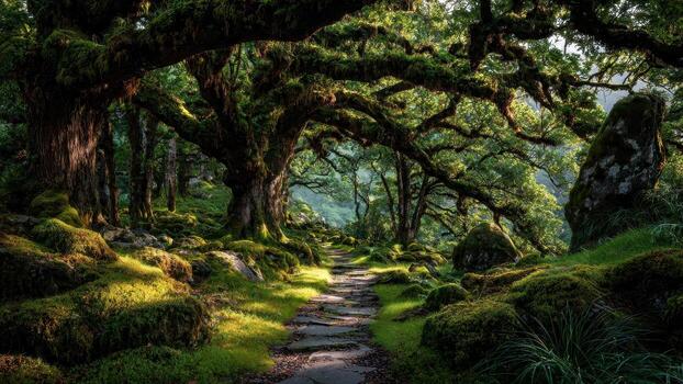 Ancient moss covered trees form an arching canopy over a stone path winding through a lush sun dappled forest photo