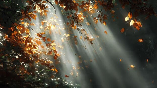Sunlight streaming through autumn tree branches with falling leaves ethereal light rays photo