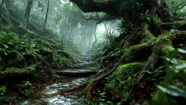 A moss covered stone path winds through a lush misty tropical jungle with large tree roots photo