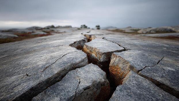 Deep geological fissure in grey stone ground fractured rock surface under a cloudy sky photo