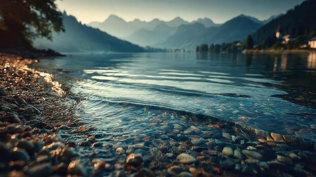 Calm lake water gently laps onto a pebble shore with distant mountains and a small village visible photo