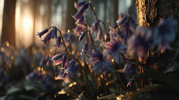 Delicate purple bluebells bloom with soft golden bokeh lights in a sun dappled forest close up view photo
