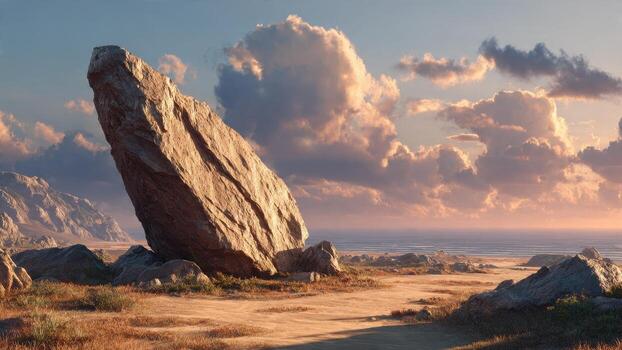 Massive rock formation at a desolate beach with ocean and cloudy sky during sunset photo