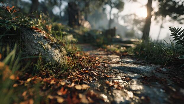 A textured stone path covered in fallen leaves winds through a sun dappled forest clearing photo
