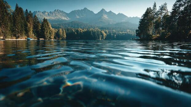 cerca arriba de ondulación azul lago agua con un bosque y montañas en el antecedentes foto