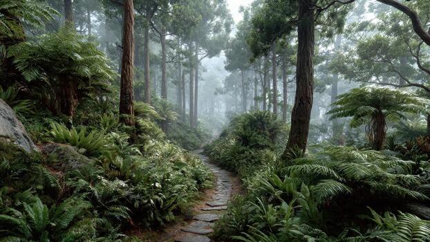 Stone pathway winding through a dense lush rainforest with tall trees and ferns under misty atmosphere photo