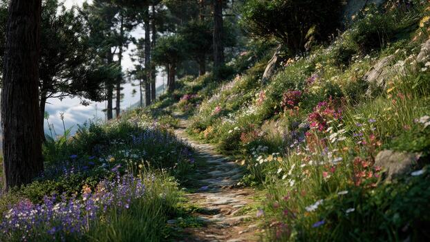 Stone path winding through a dense forest hillside covered in colorful wildflowers photo