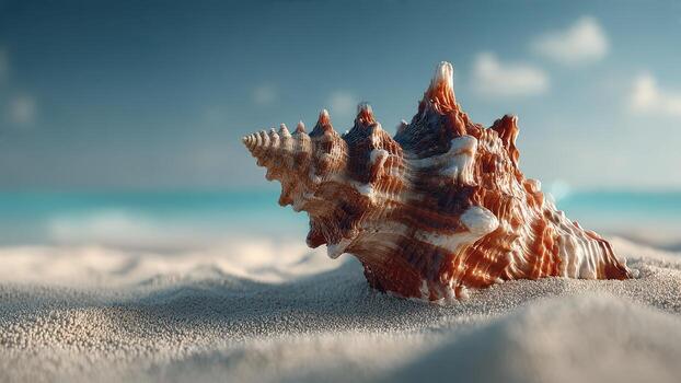 Large ornate seashell rests on a sandy beach with the ocean and sky in the background photo