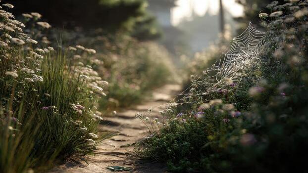 Delicate spider web adorned with morning dew drops rests on wild flowers bordering a sunlit forest path photo