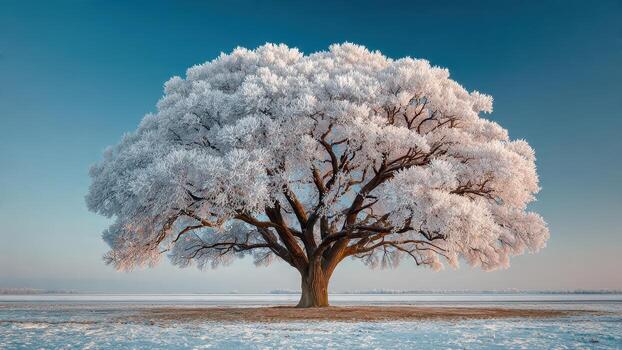 A large solitary tree covered in frost stands in a snow covered field under a clear winter sky photo