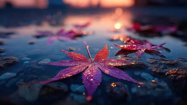 Vibrant purple maple leaves float on shallow water with pebbles and golden light bokeh photo