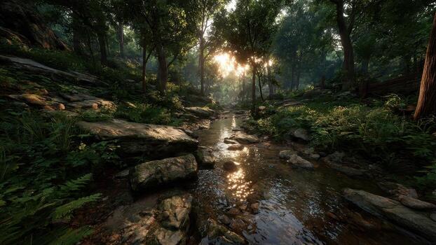Sunlight streaming through a dense forest illuminates a rocky stream flowing through lush vegetation photo