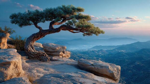 An ancient gnarled pine tree precariously perched on rocky cliffs overlooking a distant hazy valley at dawn photo