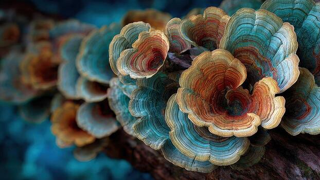 Detailed view of colorful shelf fungi growing on a tree branch showcasing layers of blue brown and red photo