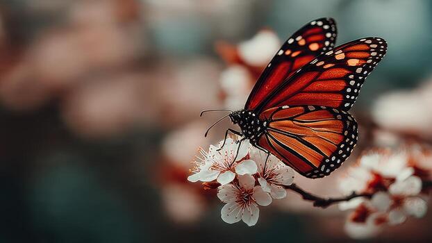 Monarch butterfly resting on blooming cherry blossoms with intricate wing patterns photo