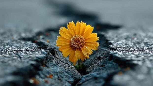 un soltero amarillo flor empuja mediante un grieta en gris asfalto pavimento foto