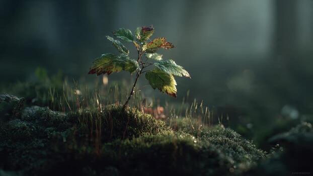 Tiny sapling with dew drops on leaves grows from mossy ground in soft forest light photo