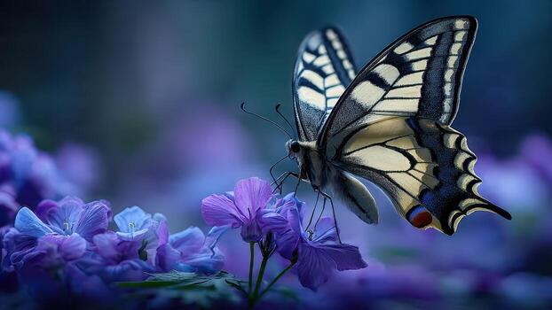 A large black and yellow butterfly with intricate wing patterns rests on delicate purple flowers photo