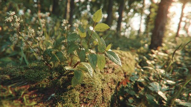 luz de sol filtración mediante arboles ilumina un musgo cubierto Iniciar sesión con verde hojas y blanco flores silvestres foto