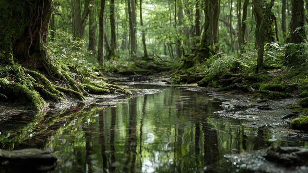 Serene shallow stream with moss covered trees and roots in a dense forest photo