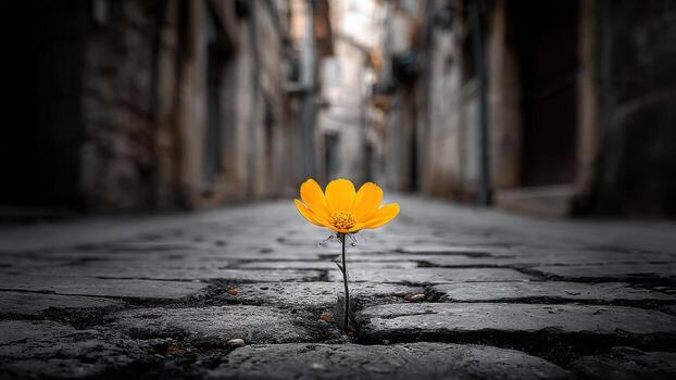 un soltero brillante amarillo flor emerge desde un grieta en un guijarro callejón foto