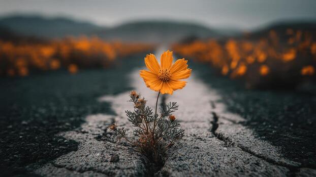 A single orange flower blooms from a crack in a desolate cracked asphalt road with blurred hills in the background photo